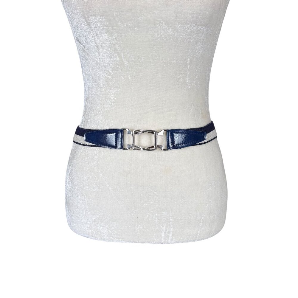 Women's unbranded blue and white elastic webbing belt with silver tone buckle